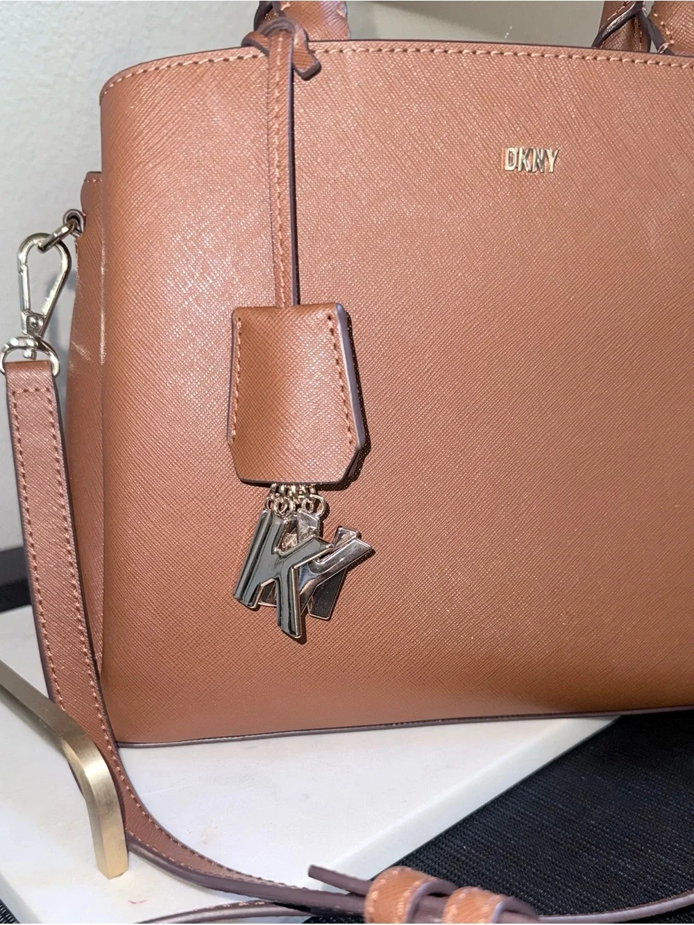 DKNY Tan Leather Satchel with Detachable Strap